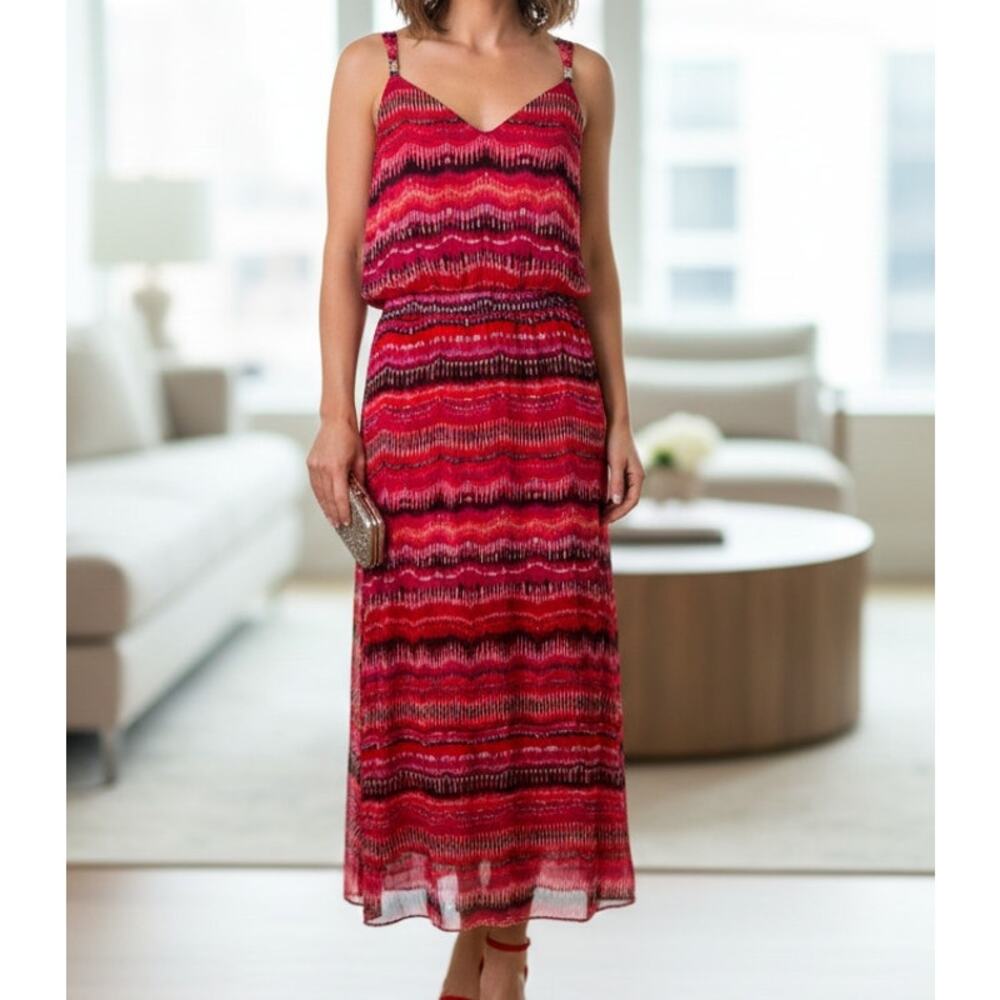 White House Black Market Large Sleeveless Pink Red Stripe Maxi Dress